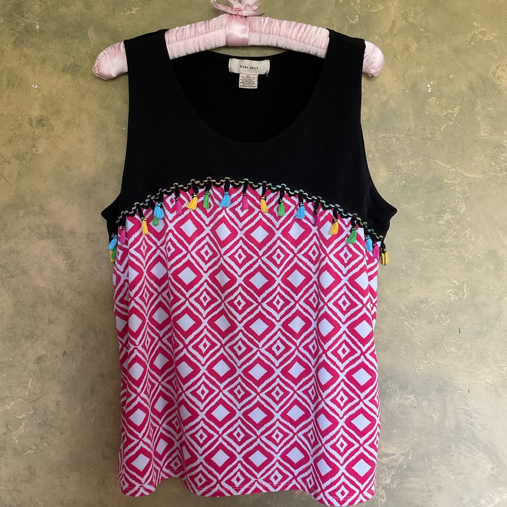 Diana Belle Tassel Detail Tank Top Stretchy Sleeveless Western Boho Black XL